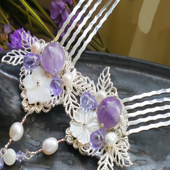 Amethyst Hair Comb | Handcrafted Traditional Hair Clip Comb Retro Style - Picture 1 of 4